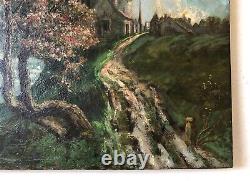 Ancient Painting Signed, Landscape At The Castle, Oil On Panel, Painting, 19th
