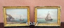 Ancient Pair Of Marine Paintings Oil On Panel Wood Sign