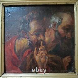 Ancient Panel Oil on Wood 2 Heads of Apostles 17th Century