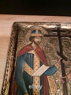 Ancient Russian Icon Oil Painting On Wood Background And Gold Metal Borders