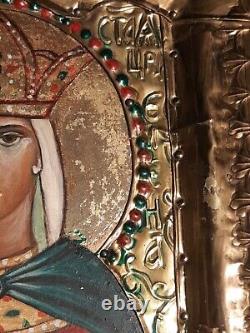 Ancient Russian Icon Oil Painting On Wood Background And Gold Metal Borders