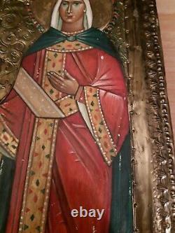 Ancient Russian Icon Oil Painting On Wood Background And Gold Metal Borders