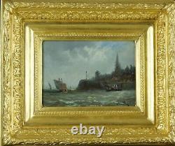 Ancient Table Animated Marine Boats By The Sea 19th Frame Golden Wood Sv Kussaweg