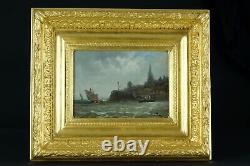 Ancient Table Animated Marine Boats By The Sea 19th Frame Golden Wood Sv Kussaweg
