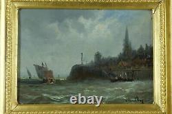 Ancient Table Animated Marine Boats By The Sea 19th Frame Golden Wood Sv Kussaweg