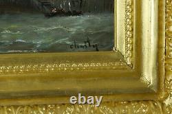 Ancient Table Animated Marine Boats By The Sea 19th Frame Golden Wood Sv Kussaweg