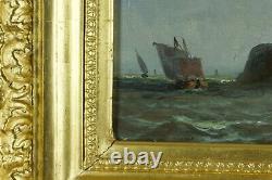 Ancient Table Animated Marine Boats By The Sea 19th Frame Golden Wood Sv Kussaweg