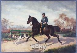 Ancient Table Horseman Chasing Painted Oil Painting Antique Oil Painting