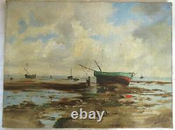 Ancient Table, Marine, Boats At Low Tide, Signed Fischer