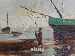 Ancient Table, Marine, Boats At Low Tide, Signed Fischer