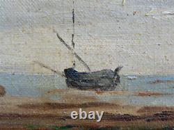 Ancient Table, Marine, Boats At Low Tide, Signed Fischer