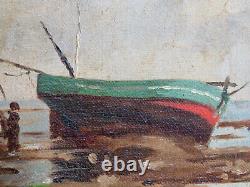 Ancient Table, Marine, Boats At Low Tide, Signed Fischer