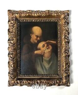 Ancient Tableau, The Barber, Oil on Panel 19th Century, Vintage Frame