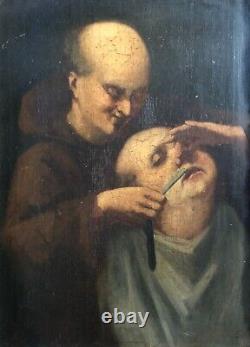 Ancient Tableau, The Barber, Oil on Panel 19th Century, Vintage Frame