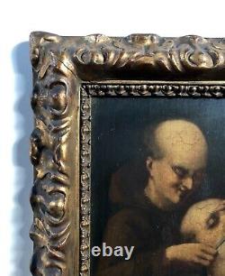Ancient Tableau, The Barber, Oil on Panel 19th Century, Vintage Frame