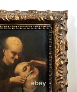 Ancient Tableau, The Barber, Oil on Panel 19th Century, Vintage Frame