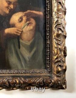 Ancient Tableau, The Barber, Oil on Panel 19th Century, Vintage Frame