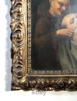 Ancient Tableau, The Barber, Oil on Panel 19th Century, Vintage Frame