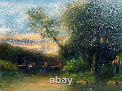 Ancient Wood Oil Table End 19 Eme Debut 20 Eme Landscape Signature