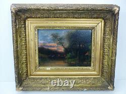 Ancient Wood Oil Table End 19 Eme Debut 20 Eme Landscape Signature