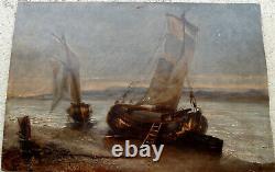 Ancient Wood Painting A Marine Two Barques A Pier Signed Ch. A. 1882