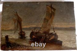 Ancient Wood Painting A Marine Two Barques A Pier Signed Ch. A. 1882