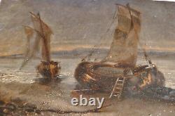 Ancient Wood Painting A Marine Two Barques A Pier Signed Ch. A. 1882