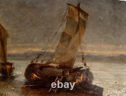 Ancient Wood Painting A Marine Two Barques A Pier Signed Ch. A. 1882