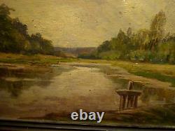 Ancient countryside landscape painting Barbizon water oil 19th century double-sided