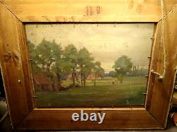 Ancient countryside landscape painting Barbizon water oil 19th century double-sided