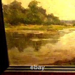Ancient countryside landscape painting Barbizon water oil 19th century double-sided