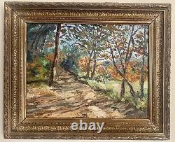 Ancient oil painting knife landscape in the woods + Barbizon frame.