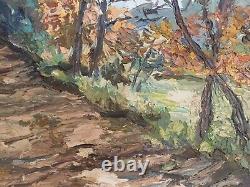 Ancient oil painting knife landscape in the woods + Barbizon frame.