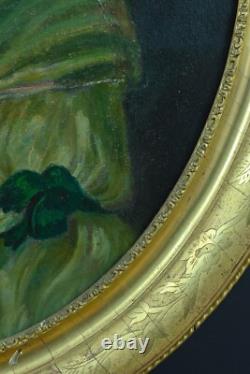 Ancient oil painting portrait of a young woman of quality 18th century oval gold wood frame