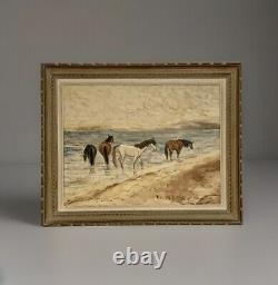 Ancient painting HSB landscape horses Camargue animated scene Circky André Poirson