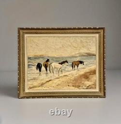 Ancient painting hsb landscape horses Camargue animated scene Circky André Poirson