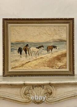 Ancient painting hsb landscape horses Camargue animated scene Circky André Poirson