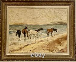 Ancient painting hsb landscape horses Camargue animated scene Circky André Poirson