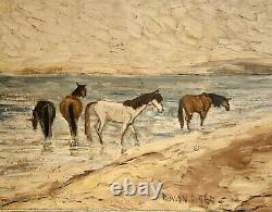 Ancient painting hsb landscape horses Camargue animated scene Circky André Poirson