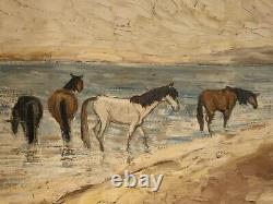 Ancient painting hsb landscape horses Camargue animated scene Circky André Poirson