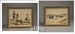 Ancient painting hsb landscape horses Camargue animated scene Circky André Poirson