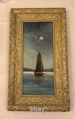 Ancient painting of a moonlit night marine scene, oil on wood panel, circa 1900