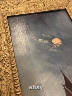 Ancient painting of a moonlit night marine scene, oil on wood panel, circa 1900