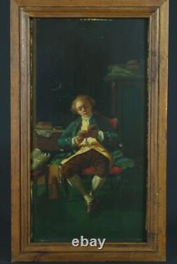 Ancient painting st. Meissonier portrait man reading book smoker tavern x 2