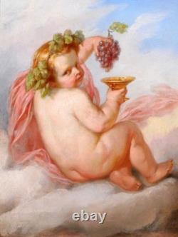 Ancient tableau by Henri Joseph Dillens child angel Cupid love autumn wine