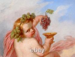 Ancient tableau by Henri Joseph Dillens child angel Cupid love autumn wine