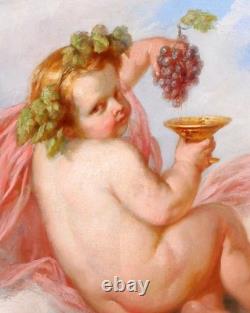 Ancient tableau by Henri Joseph Dillens child angel Cupid love autumn wine