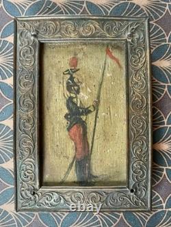Anonymous Oil on Wood Soldier Miniature Bronze Frame 19th Century