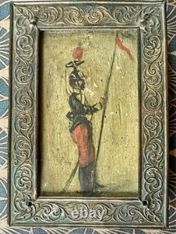 Anonymous Oil on Wood Soldier Miniature Bronze Frame 19th Century