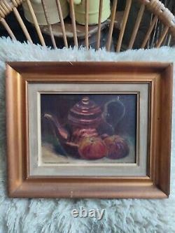 Anonymous oil on canvas Still Life with Teapot and Apples golden wood frame